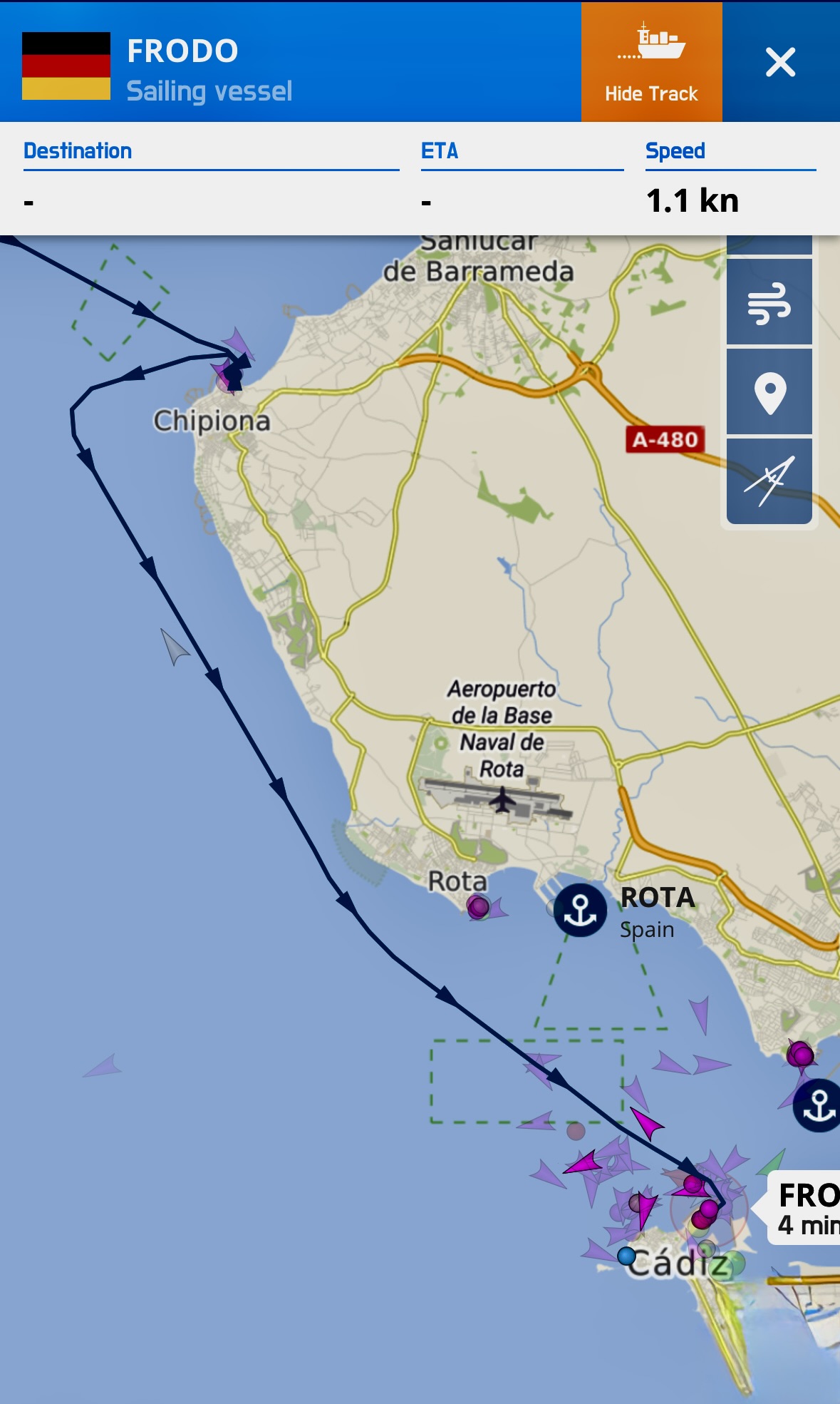 Vessel Finder Ansicht unserer Route