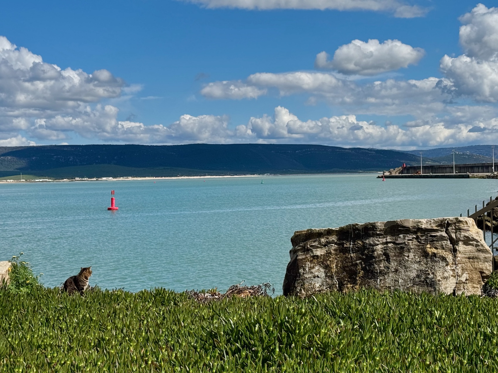 Blick zum Stadtstrand und auf die Hafenmauern